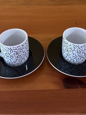 Made in Germany Black Saucer Espresso Cup Set with White Patterned Cups